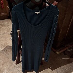 Dark green Ribbed Knit Dress with Lace-Up Sleeves